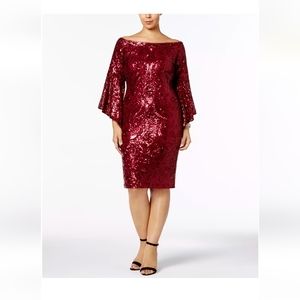 Betsy Adam sequin off shoulder bell sleeve midi dress